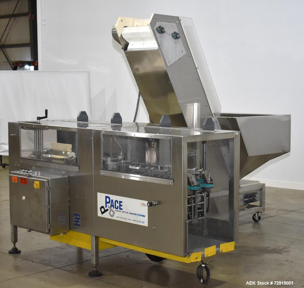 Used Pace Packaging Bulk Bottle Unscrambler, Model M400. Capable of orienting approximately 20-350 bottles a minute, depending on application. Container size range: .33 oz (10mL) to 1.3 gallon (5L) w...