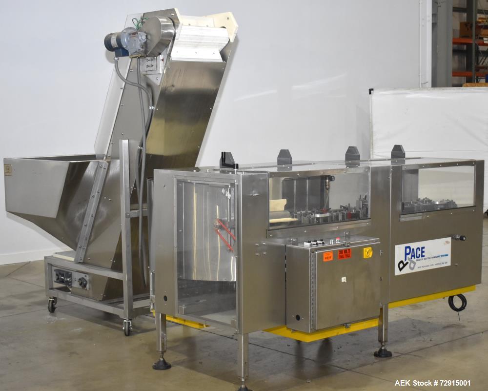 Used Pace Packaging Bulk Bottle Unscrambler, Model M400. Capable of orienting approximately 20-350 bottles a minute, depending on application. Container size range: .33 oz (10mL) to 1.3 gallon (5L) w...