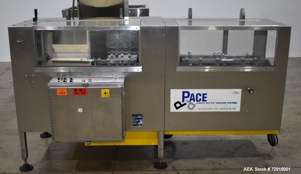 Used Pace Packaging Bulk Bottle Unscrambler, Model M400. Capable of orienting approximately 20-350 bottles a minute, depending on application. Container size range: .33 oz (10mL) to 1.3 gallon (5L) w...