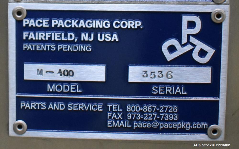Used Pace Packaging Bulk Bottle Unscrambler, Model M400. Capable of orienting approximately 20-350 bottles a minute, depending on application. Container size range: .33 oz (10mL) to 1.3 gallon (5L) w...