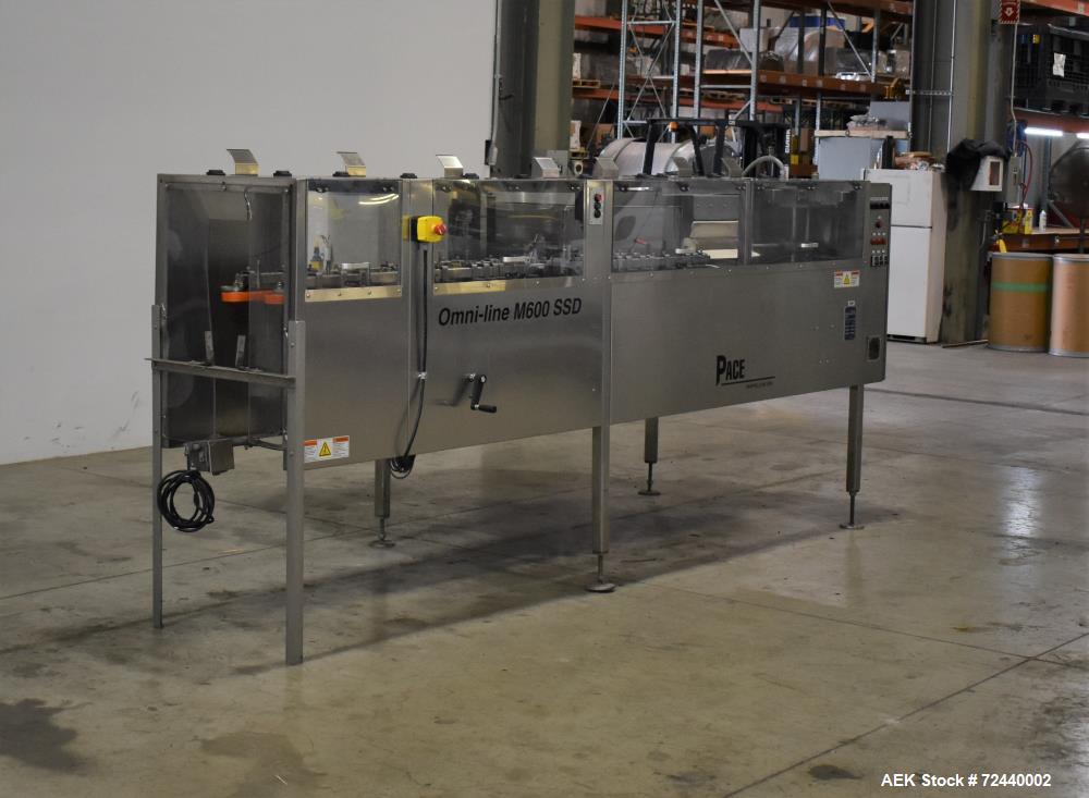 Used Pace Omni-Line Bulk Bottle Unscrambler, Model M600. Capable of speeds up to 500 bpm (depending on bottle). Bottle size range of .8 oz (25 ml) to 2.5 gallon (9.5L). Control panel with (4) Allen B...