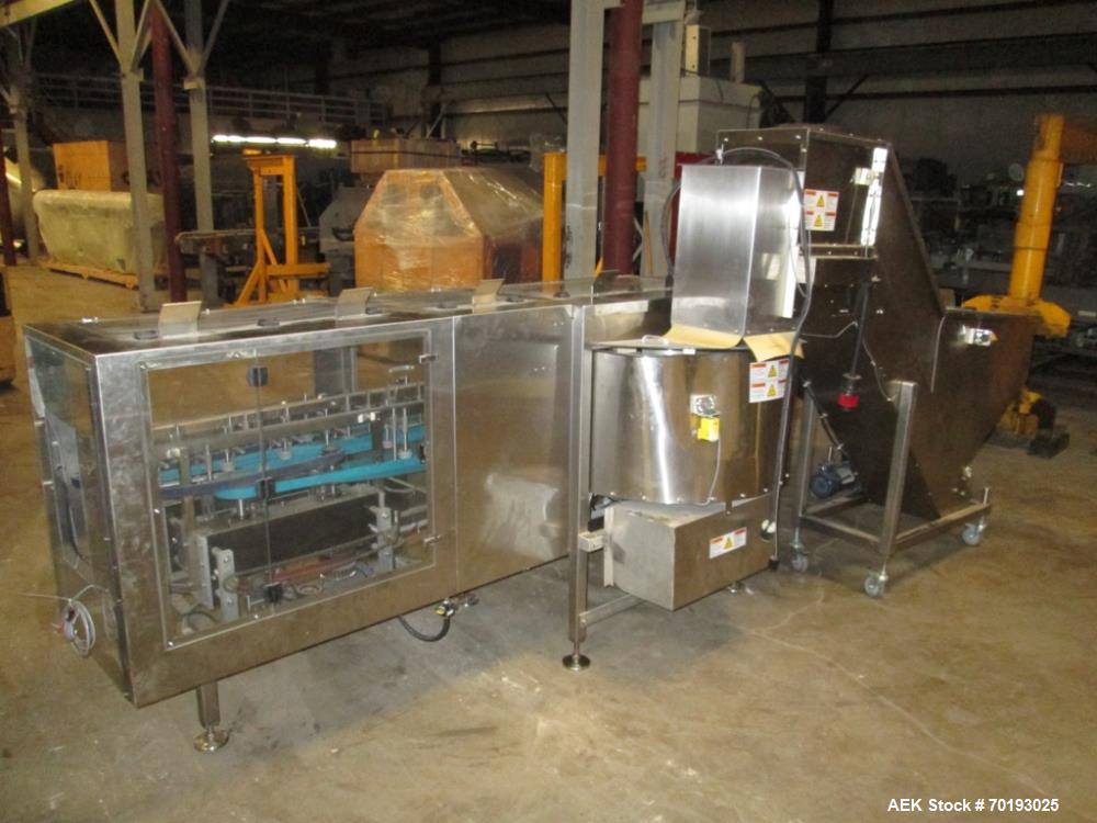 Used Pace PET Bottle Unscrambler with Hopper-Elevator, Model Omni-Line M350AR. Stainless steel construction. Pace 20 cubic foot hopper-elevator. Last ran neutraceutical 120ml to 250ml, "Tool-less" ch...
