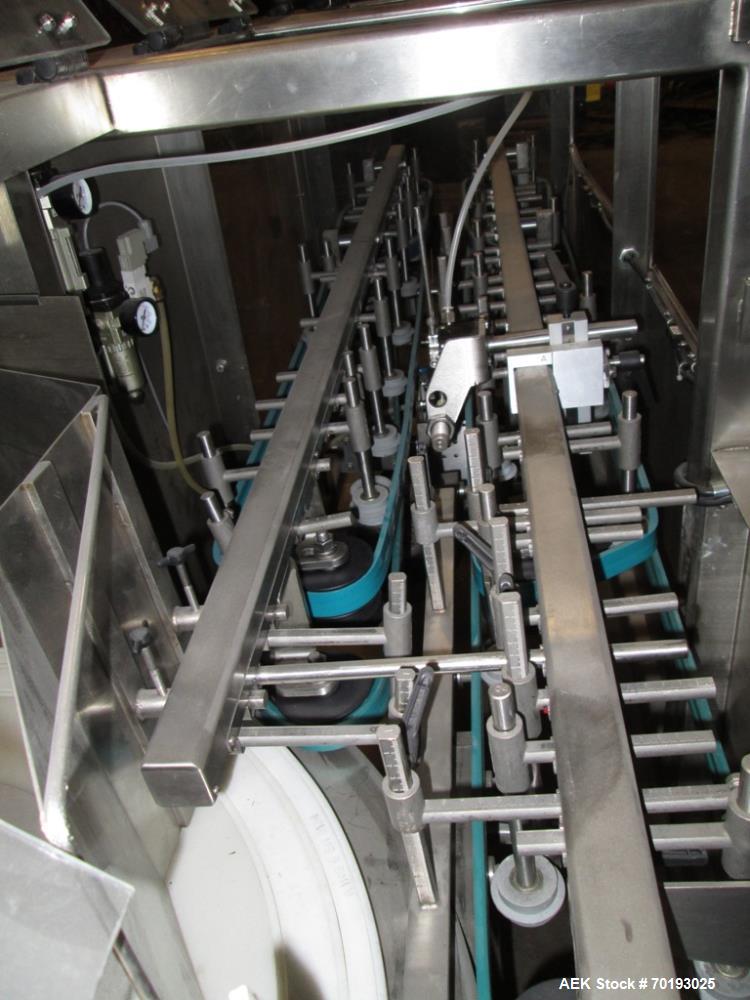 Used Pace PET Bottle Unscrambler with Hopper-Elevator, Model Omni-Line M350AR. Stainless steel construction. Pace 20 cubic foot hopper-elevator. Last ran neutraceutical 120ml to 250ml, "Tool-less" ch...
