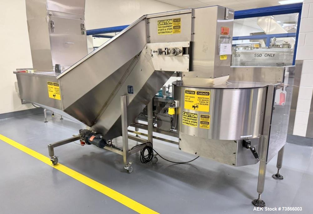 Used Pace Packaging Pharma-Line 300 Bottle Unscrambler With Air Rinse, Model 300 AR, Serial# 1850. With Pace Packaging 20 CUFT bulk bottle elevator, serial# 1864, Lakso 62 319 reject & assorted parts.
