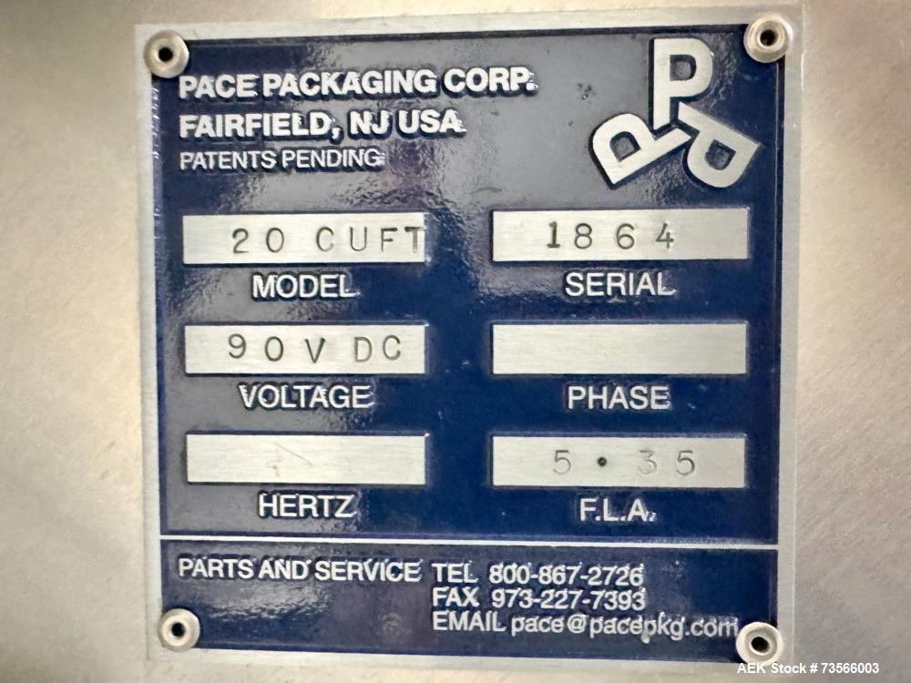 Used Pace Packaging Pharma-Line 300 Bottle Unscrambler With Air Rinse, Model 300 AR, Serial# 1850. With Pace Packaging 20 CUFT bulk bottle elevator, serial# 1864, Lakso 62 319 reject & assorted parts.