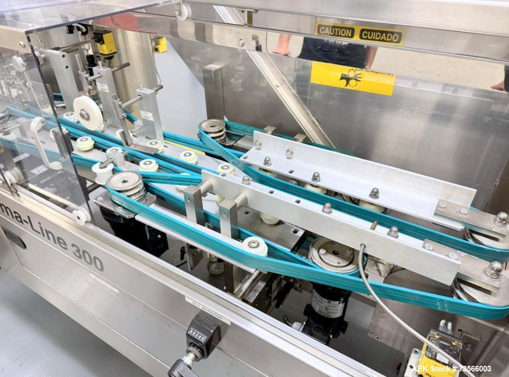 Used Pace Packaging Pharma-Line 300 Bottle Unscrambler With Air Rinse, Model 300 AR, Serial# 1850. With Pace Packaging 20 CUFT bulk bottle elevator, serial# 1864, Lakso 62 319 reject & assorted parts.