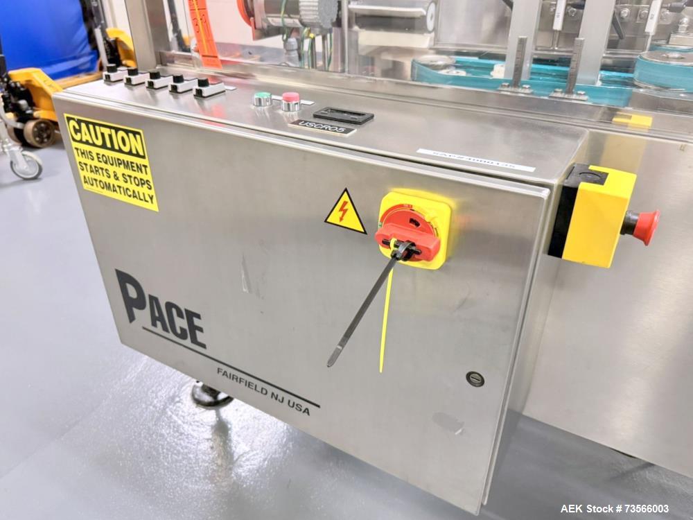 Used Pace Packaging Pharma-Line 300 Bottle Unscrambler With Air Rinse, Model 300 AR, Serial# 1850. With Pace Packaging 20 CUFT bulk bottle elevator, serial# 1864, Lakso 62 319 reject & assorted parts.