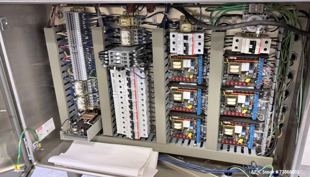 Used Pace Packaging Pharma-Line 300 Bottle Unscrambler With Air Rinse, Model 300 AR, Serial# 1850. With Pace Packaging 20 CUFT bulk bottle elevator, serial# 1864, Lakso 62 319 reject & assorted parts.