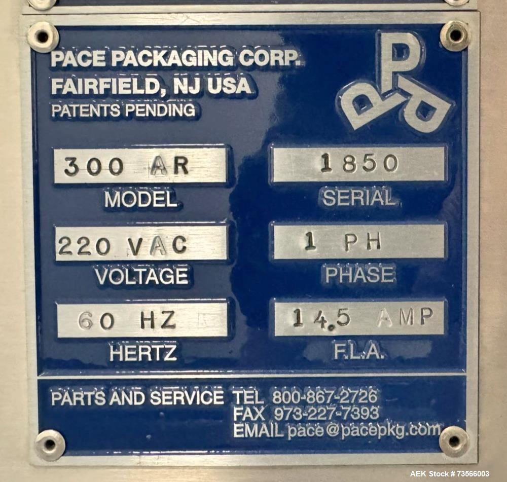 Used Pace Packaging Pharma-Line 300 Bottle Unscrambler With Air Rinse, Model 300 AR, Serial# 1850. With Pace Packaging 20 CUFT bulk bottle elevator, serial# 1864, Lakso 62 319 reject & assorted parts.