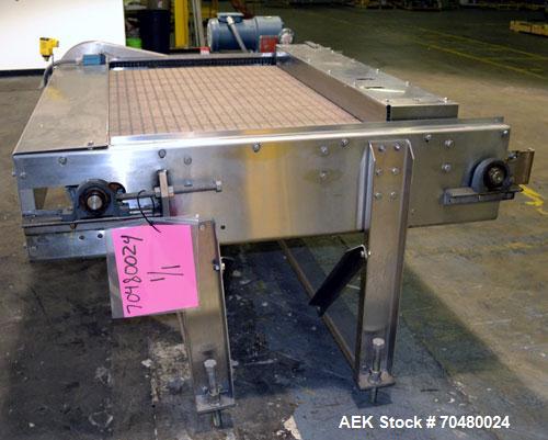 Used Nercon Accumulation Conveyor/Table, Stainless Steel. Approximate 60” wide x 48” long plastic belt with automatic push bar. Driven by a 1/2hp Reeves variable speed gear motor. Stainless steel fra...