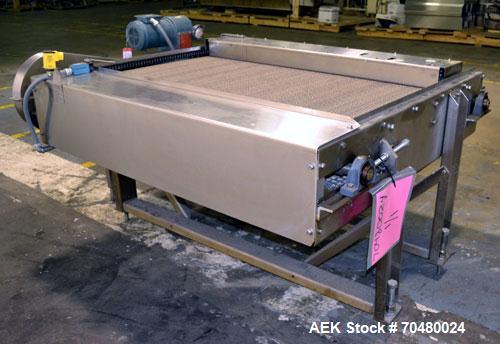 Used Nercon Accumulation Conveyor/Table, Stainless Steel. Approximate 60” wide x 48” long plastic belt with automatic push bar. Driven by a 1/2hp Reeves variable speed gear motor. Stainless steel fra...
