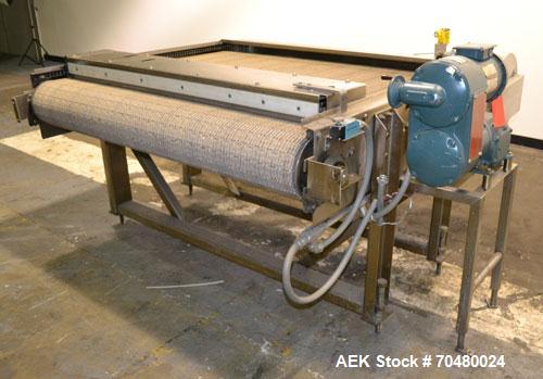 Used Nercon Accumulation Conveyor/Table, Stainless Steel. Approximate 60” wide x 48” long plastic belt with automatic push bar. Driven by a 1/2hp Reeves variable speed gear motor. Stainless steel fra...
