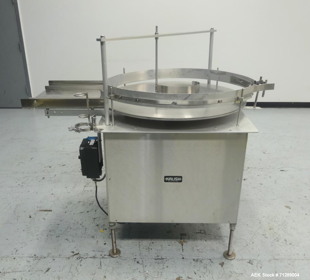Used- Kalish Rotary Accumulation Table. 36" Diameter. Adjustable speed control. Stainless steel construction. Mounted on (4)...