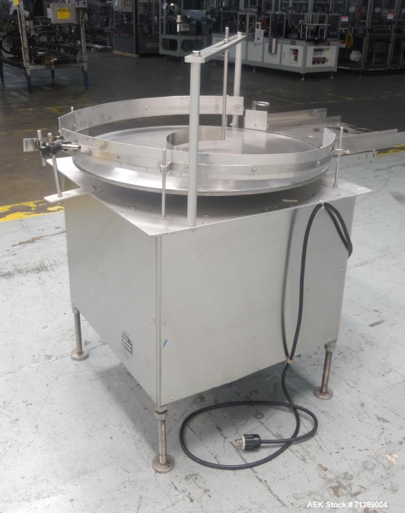 Used- Kalish Rotary Accumulation Table. 36" Diameter. Adjustable speed control. Stainless steel construction. Mounted on (4)...