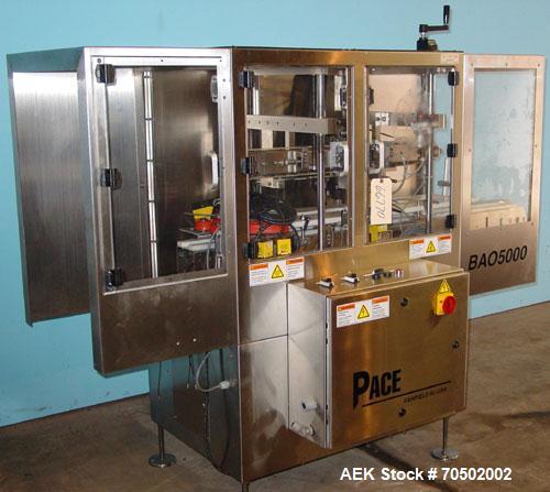 Used Pace Model BOA5000 Stainless Steel Bottle Orientator. With 20 foot long x 4 1/2 inch wide Delrin chain stainless steel frame conveyor, 2 inch wide x 36 inch rubber top hold down belt. 1/60/220. ...