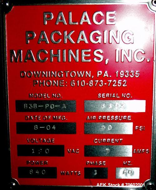 Used Palace Packing Model B3B-PO-A Inline Bottle Orienter. Machine is rated at speeds up to 300 bottles per minute. Does handle, neck, and panel orienting. Inline unit for installation over conveyors...