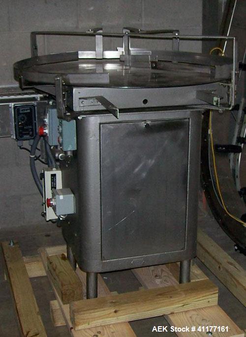 Used Island 36" diam unscrambler turntable with feed table. All S/S contact andbase. Has Variable speed controller.