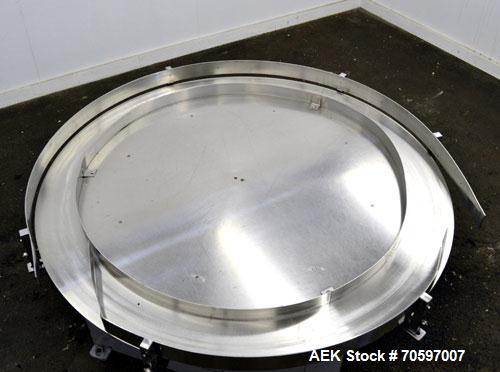 Used Accumulation Table, 55” Diameter, Stainless Steel.Driven by a 0.4 kw, 60/460 volt, 1710 rpm motor.Includes side rails. Mounted on casters.Machine footprint 60” long x 60” wide x 30” tall.