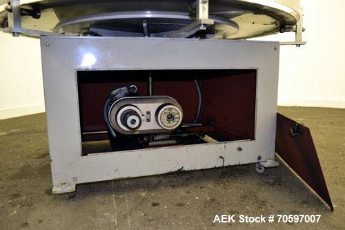 Used Accumulation Table, 55” Diameter, Stainless Steel.Driven by a 0.4 kw, 60/460 volt, 1710 rpm motor.Includes side rails. Mounted on casters.Machine footprint 60” long x 60” wide x 30” tall.