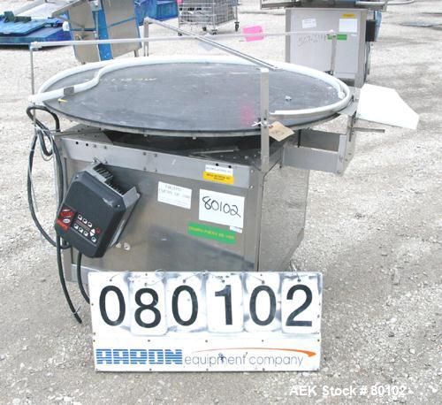 Used Unscrambler Accumulation table, 48" diameter, plastic top. Driven by a 1/4 hp motor with reducer. Mounted on a stainless steel table. Includes an AC inverter drive panel.