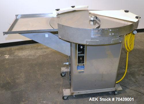 Used Cozzoli Unscrambler/Accumulating Table, Model UT36, Stainless Steel. 36’’ Diameter table with rectangular dump section. Driven by a 1/4hp, 90 volt DC motor with a speed controller. Mounted on ca...