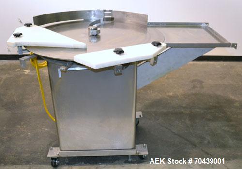 Used Cozzoli Unscrambler/Accumulating Table, Model UT36, Stainless Steel. 36’’ Diameter table with rectangular dump section. Driven by a 1/4hp, 90 volt DC motor with a speed controller. Mounted on ca...