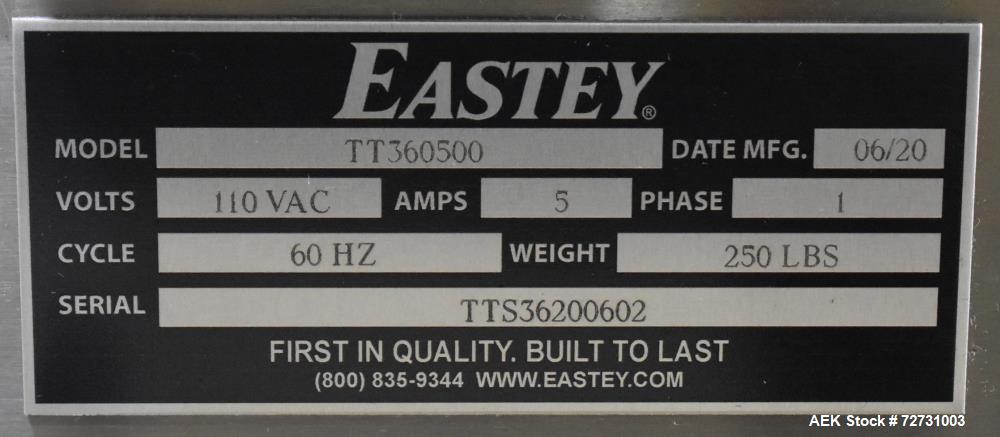Used Eastey 36" Accumulation Table, Model TT360500. 1/60/110 Volt, 5 Amp. Serial# TTS36200602.