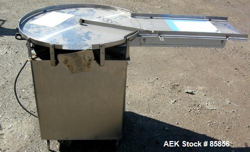 USED: Hull unscrambler/accumulating table, model 24A30. 30" diameter, stainless steel. 1" wide side rails, 12" wide x 24" long infeed section. Driven by a 1/2 hp, 1/60/115/230 volt, 1725 rpm varispee...