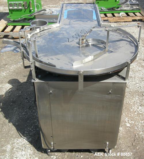 USED: Hull unscrambler/accumulating table, model 24U30. 30" diameter, stainless steel. 1" wide side rails, 12" wide x 24" long infeed section. Driven by a 1/2 hp, 1/60/115/230 volt, 1725 rpm varispee...