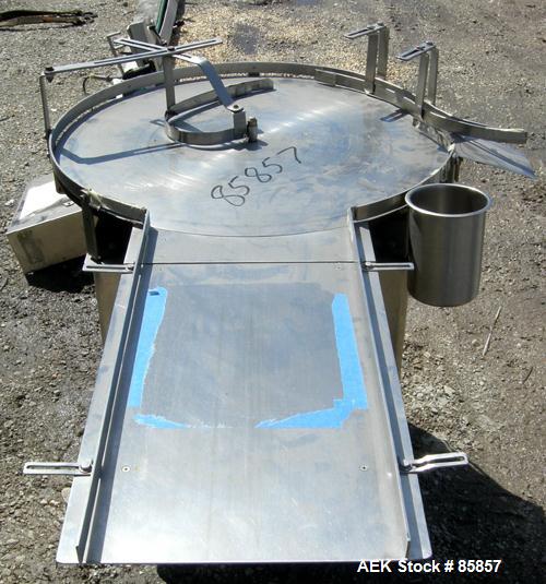 USED: Hull unscrambler/accumulating table, model 24U30. 30" diameter, stainless steel. 1" wide side rails, 12" wide x 24" long infeed section. Driven by a 1/2 hp, 1/60/115/230 volt, 1725 rpm varispee...