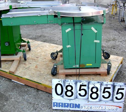 USED: Island Equipment unscrambler/accumulating table, 30" diameter,  stainless steel. 1-1/2" wide side rails, 12" wide x 24" long infeed section. Driven by a 1/2 hp, 1/60/115/208-230 volt/1140 rpm g...