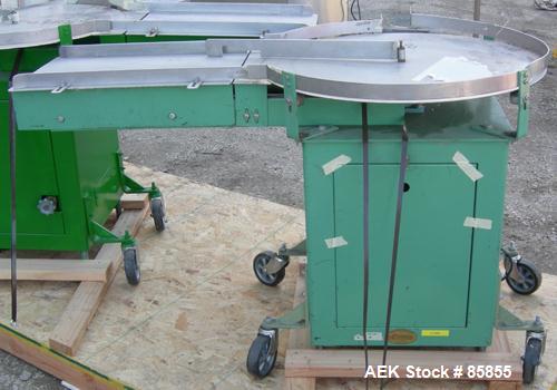 USED: Island Equipment unscrambler/accumulating table, 30" diameter,  stainless steel. 1-1/2" wide side rails, 12" wide x 24" long infeed section. Driven by a 1/2 hp, 1/60/115/208-230 volt/1140 rpm g...