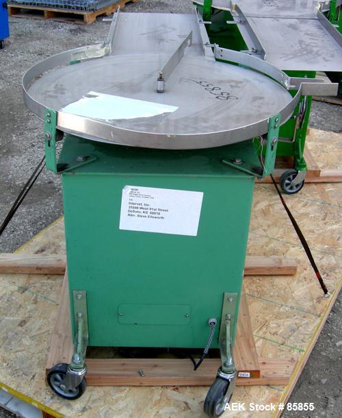 USED: Island Equipment unscrambler/accumulating table, 30" diameter,  stainless steel. 1-1/2" wide side rails, 12" wide x 24" long infeed section. Driven by a 1/2 hp, 1/60/115/208-230 volt/1140 rpm g...