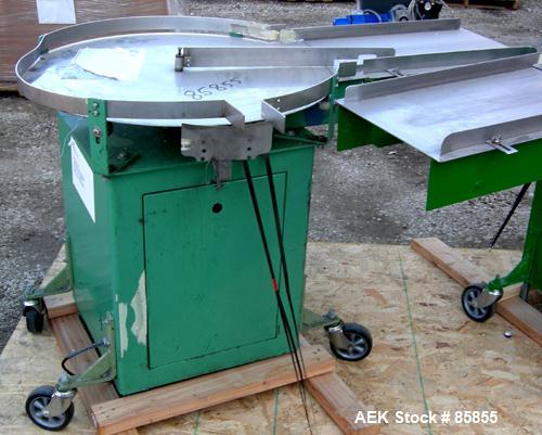 USED: Island Equipment unscrambler/accumulating table, 30" diameter,  stainless steel. 1-1/2" wide side rails, 12" wide x 24" long infeed section. Driven by a 1/2 hp, 1/60/115/208-230 volt/1140 rpm g...