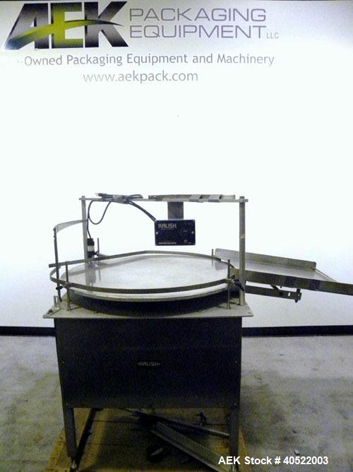 Used Kalish Unscrambler Accumulating Table, model 7500, 304 stainless steel. 36" diameter table, adjustable side rails, 20" wide x 24" long infeed section. Driven by a 1/4 hp, 90 volt DC motor with s...