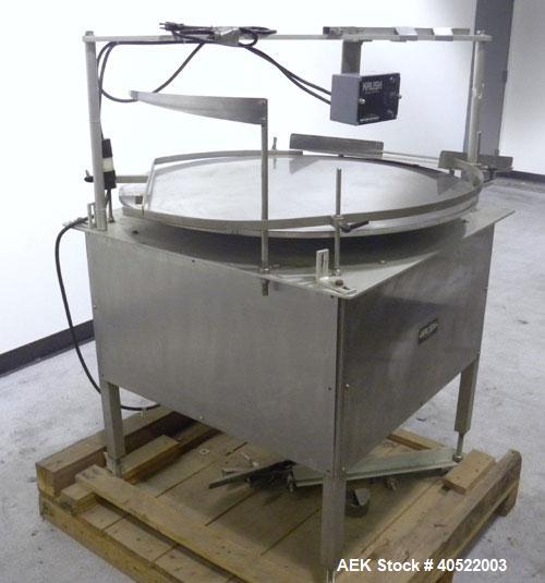 Used Kalish Unscrambler Accumulating Table, model 7500, 304 stainless steel. 36" diameter table, adjustable side rails, 20" wide x 24" long infeed section. Driven by a 1/4 hp, 90 volt DC motor with s...