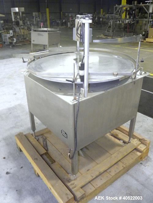 Used Kalish Unscrambler Accumulating Table, model 7500, 304 stainless steel. 36" diameter table, adjustable side rails, 20" wide x 24" long infeed section. Driven by a 1/4 hp, 90 volt DC motor with s...