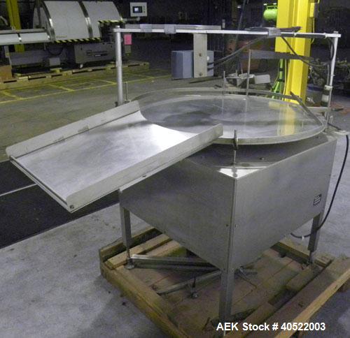 Used Kalish Unscrambler Accumulating Table, model 7500, 304 stainless steel. 36" diameter table, adjustable side rails, 20" wide x 24" long infeed section. Driven by a 1/4 hp, 90 volt DC motor with s...