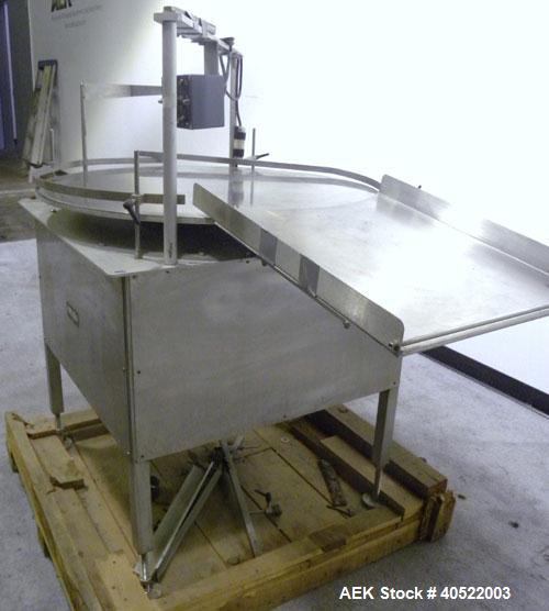Used Kalish Unscrambler Accumulating Table, model 7500, 304 stainless steel. 36" diameter table, adjustable side rails, 20" wide x 24" long infeed section. Driven by a 1/4 hp, 90 volt DC motor with s...