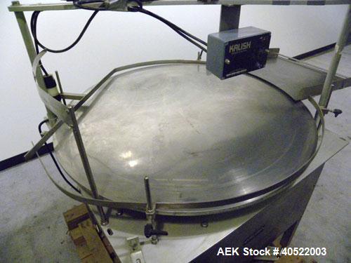 Used Kalish Unscrambler Accumulating Table, model 7500, 304 stainless steel. 36" diameter table, adjustable side rails, 20" wide x 24" long infeed section. Driven by a 1/4 hp, 90 volt DC motor with s...