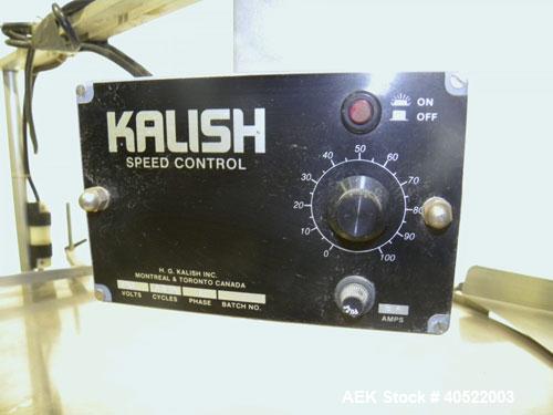 Used Kalish Unscrambler Accumulating Table, model 7500, 304 stainless steel. 36" diameter table, adjustable side rails, 20" wide x 24" long infeed section. Driven by a 1/4 hp, 90 volt DC motor with s...