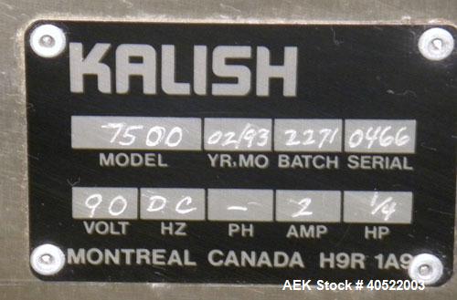 Used Kalish Unscrambler Accumulating Table, model 7500, 304 stainless steel. 36" diameter table, adjustable side rails, 20" wide x 24" long infeed section. Driven by a 1/4 hp, 90 volt DC motor with s...