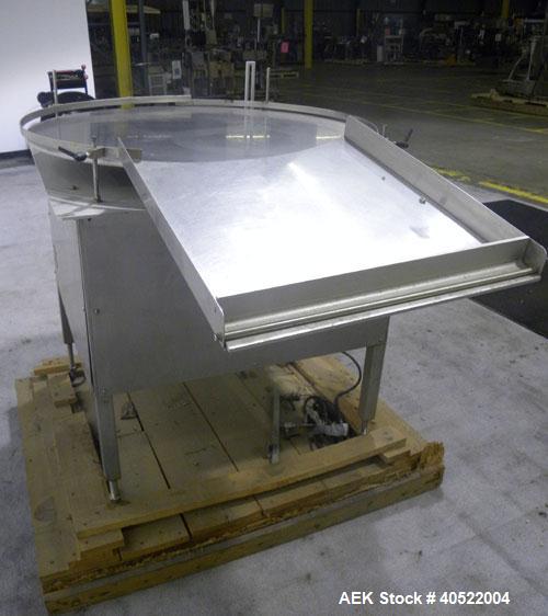 Used Kalish Unscrambler Accumulating Table, model 7500, 304 stainless steel. 36" diameter table, adjustable side rails, 20" wide x 24" long infeed section. Driven by a 1/4 hp, 90 volt DC motor with s...