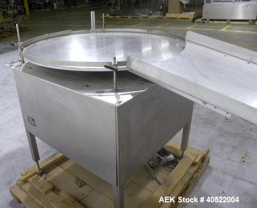 Used Kalish Unscrambler Accumulating Table, model 7500, 304 stainless steel. 36" diameter table, adjustable side rails, 20" wide x 24" long infeed section. Driven by a 1/4 hp, 90 volt DC motor with s...