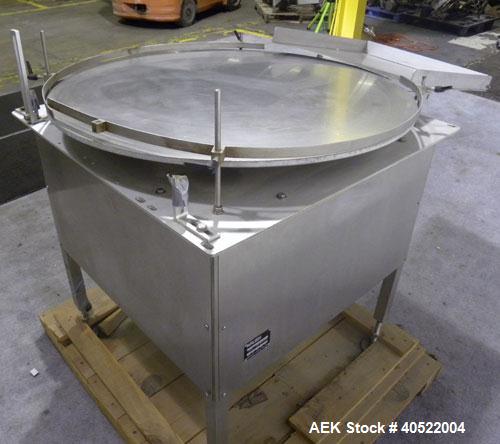 Used Kalish Unscrambler Accumulating Table, model 7500, 304 stainless steel. 36" diameter table, adjustable side rails, 20" wide x 24" long infeed section. Driven by a 1/4 hp, 90 volt DC motor with s...