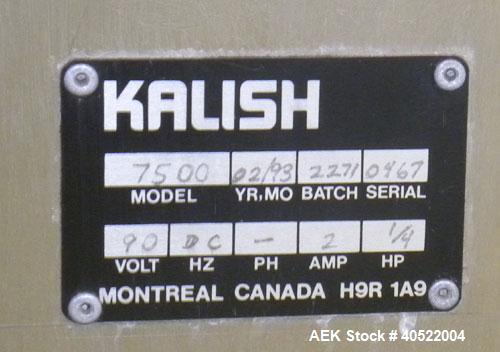 Used Kalish Unscrambler Accumulating Table, model 7500, 304 stainless steel. 36" diameter table, adjustable side rails, 20" wide x 24" long infeed section. Driven by a 1/4 hp, 90 volt DC motor with s...