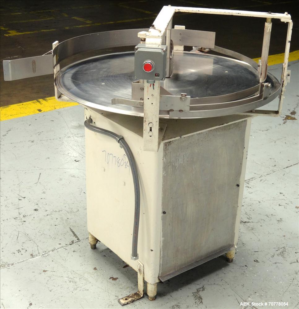 Used Stainless Steel Rotary Accumulation Table. Has 36" diameter with 115V AC to DC Bodine Type FPM variable speed controller.