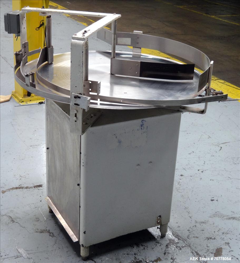 Used Stainless Steel Rotary Accumulation Table. Has 36" diameter with 115V AC to DC Bodine Type FPM variable speed controller.