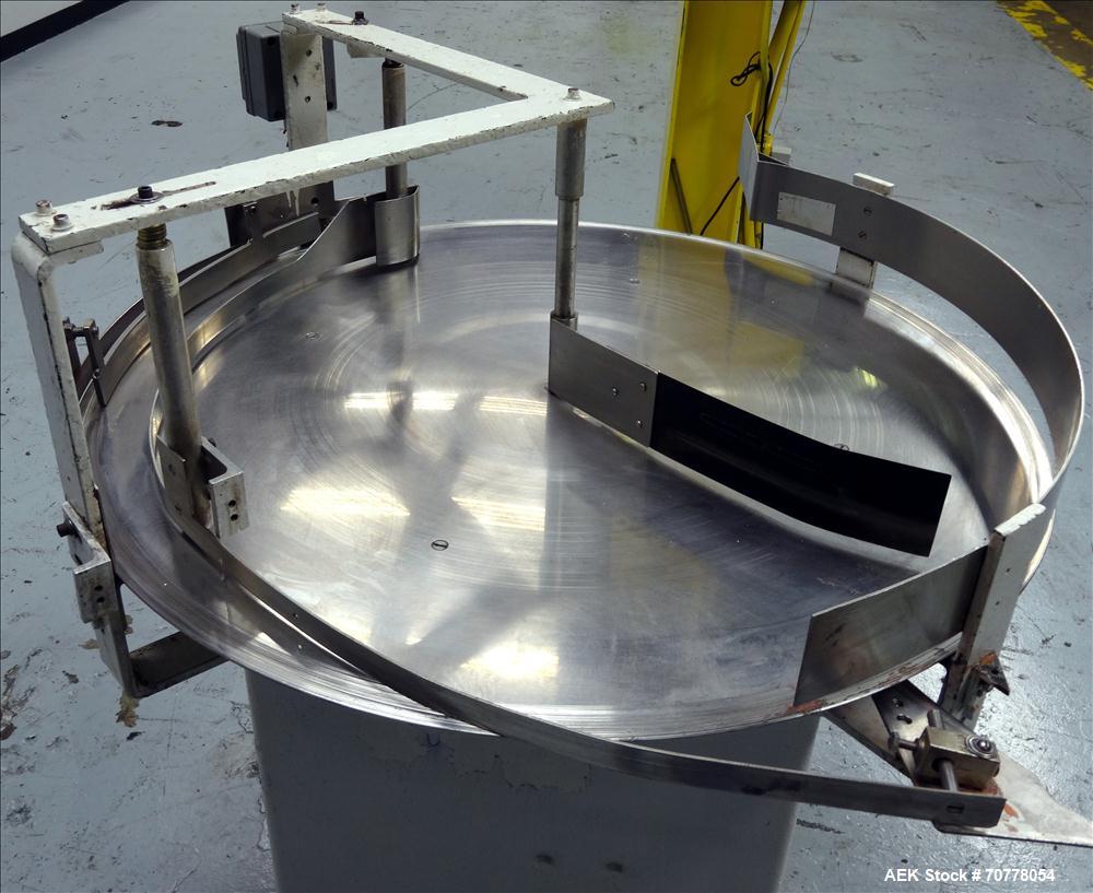 Used Stainless Steel Rotary Accumulation Table. Has 36" diameter with 115V AC to DC Bodine Type FPM variable speed controller.