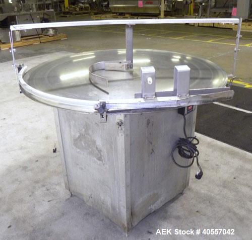 Used Equipment Exporters Accumulation Table, 45" diameter, 304 stainless steel. Driven by a 1/15 hp, 90 volt DC gear motor. Mounted on an aluminum frame. Includes a Dayton speed controller.